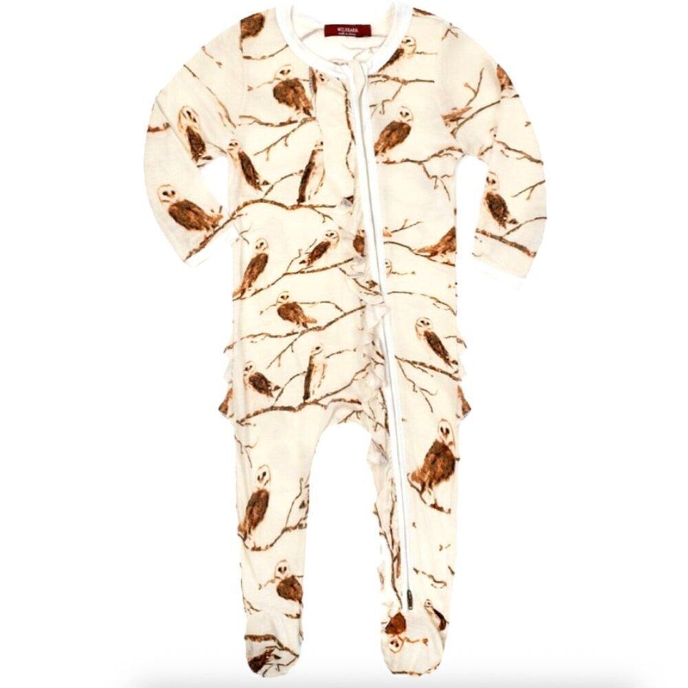 NWT! Milkbarn Owl Bamboo Ruffle Zipper Footed Romper Size 3-6M